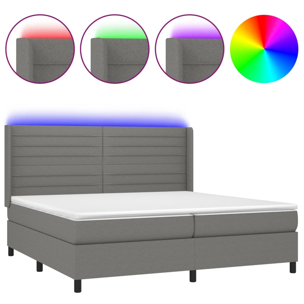 Cama box spring colchón y luces led tela gris claro 200x200 cm rayas horizontales