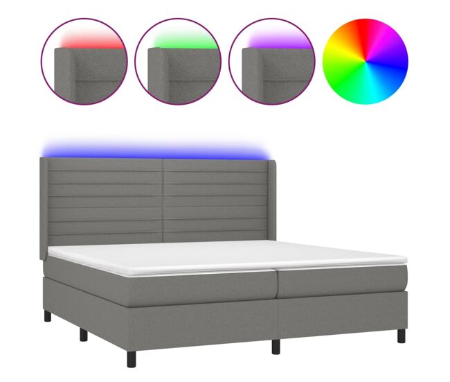 Cama box spring colchón y luces led tela gris claro 200x200 cm rayas horizontales
