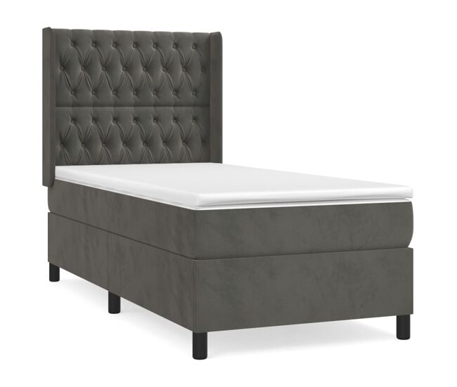 Cama box spring con colchón terciopelo gris oscuro 100x200 cm diseño de botones