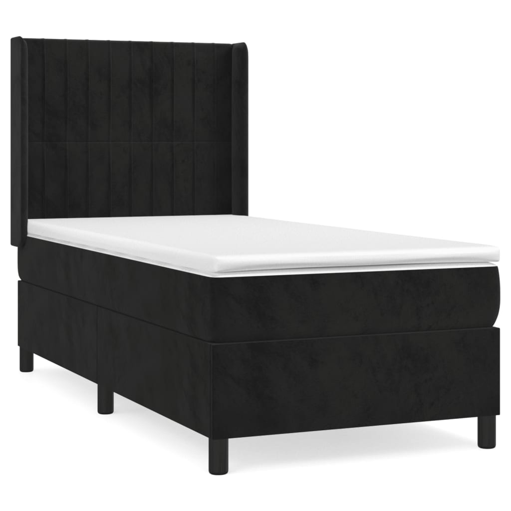 Cama box spring con colchón cuero sintético negro 90x190 cm rayas verticales