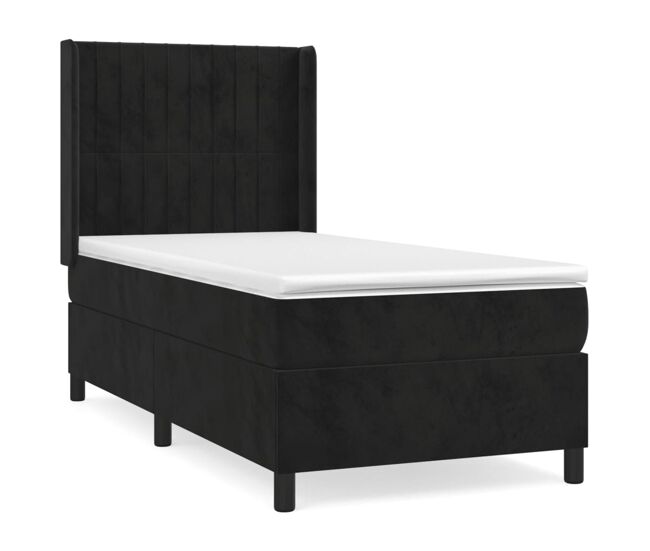 Cama box spring con colchón cuero sintético negro 90x190 cm rayas verticales