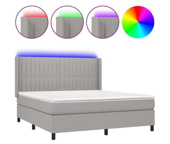 Cama box spring colchón y luces led tela gris claro 160x200 cm rayas verticales