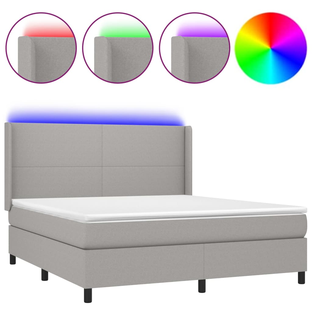 Cama box spring colchón y luces led tela gris claro 160x200 cm diseño plano