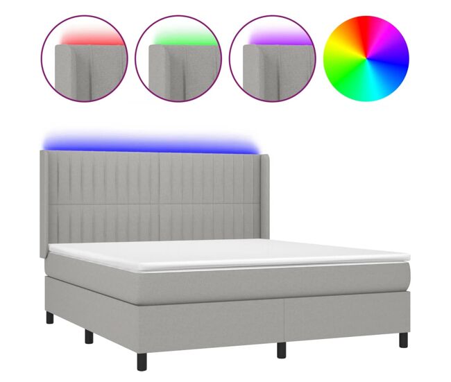 Cama box spring colchón y luces led tela gris claro 180x200 cm rayas verticales