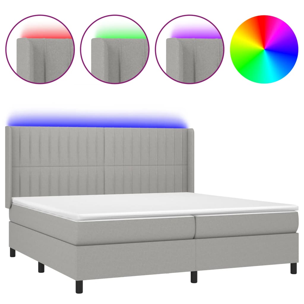 Cama box spring con colchón tela y led gris claro 200x200 cm rayas verticales