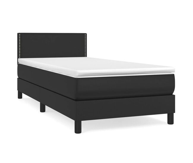 Cama box spring con colchón cuero sintético negro 90x190 cm liso con clavos
