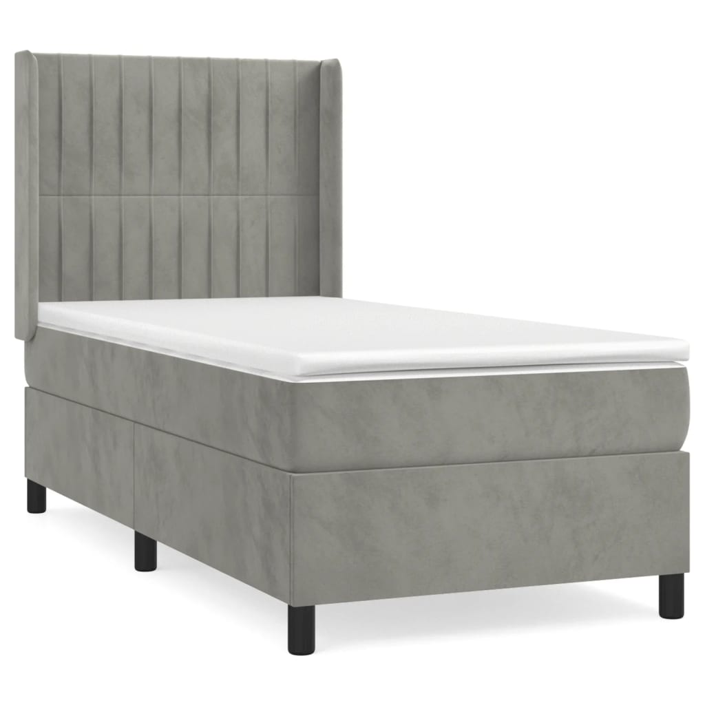 Cama box spring con colchón terciopelo gris claro 90x190 cm rayas verticales