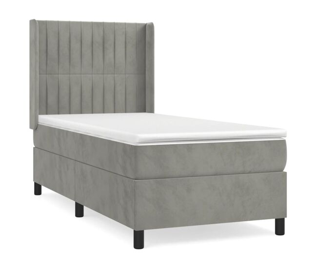 Cama box spring con colchón terciopelo gris claro 90x190 cm rayas verticales