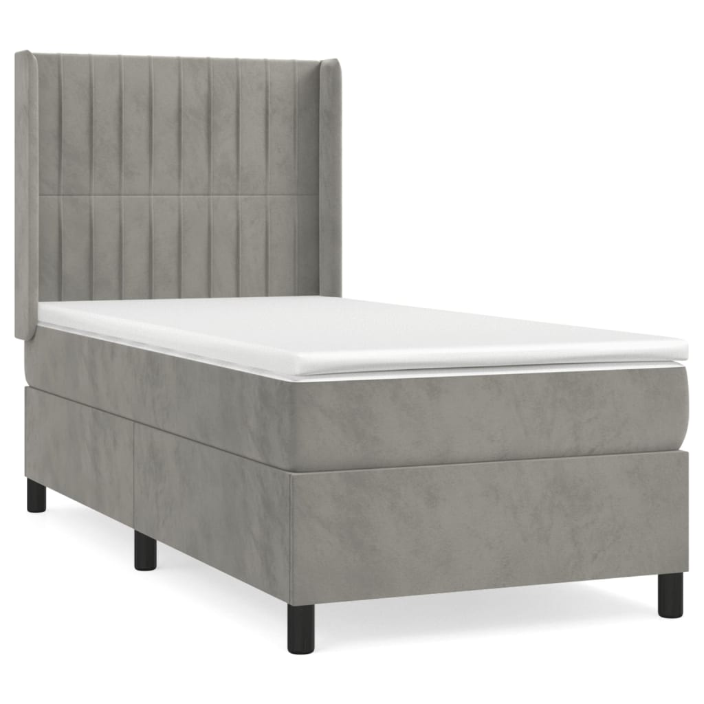 Cama box spring con colchón terciopelo gris claro 100x200 cm rayas verticales