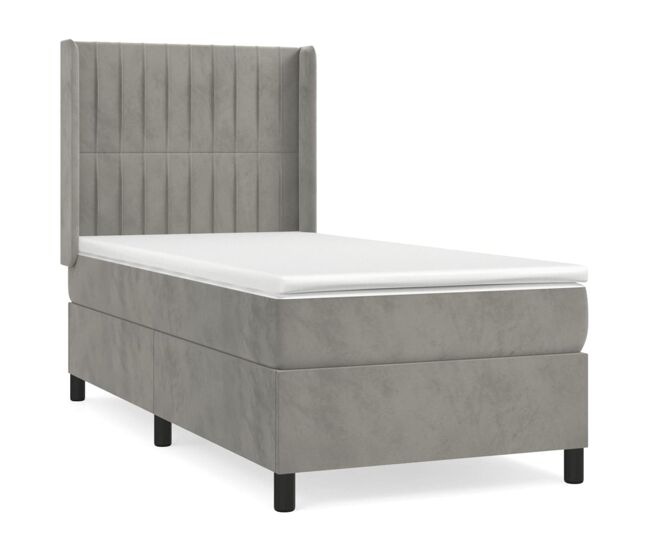 Cama box spring con colchón terciopelo gris claro 100x200 cm rayas verticales