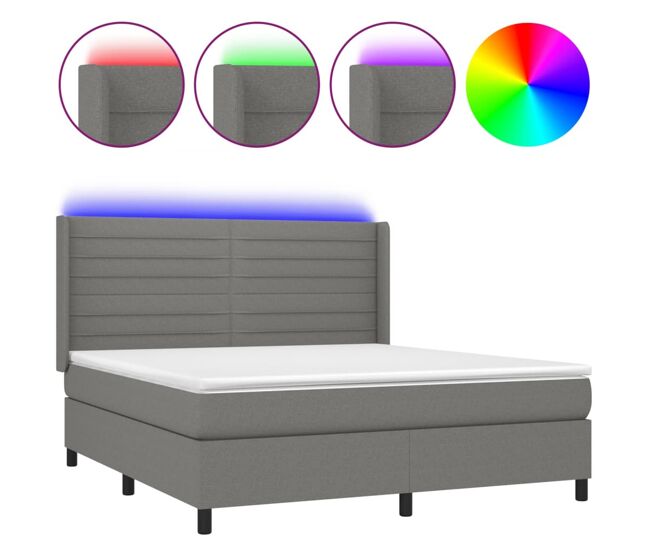 Cama box spring colchón y luces led tela gris oscuro 160x200 cm rayas horizontales