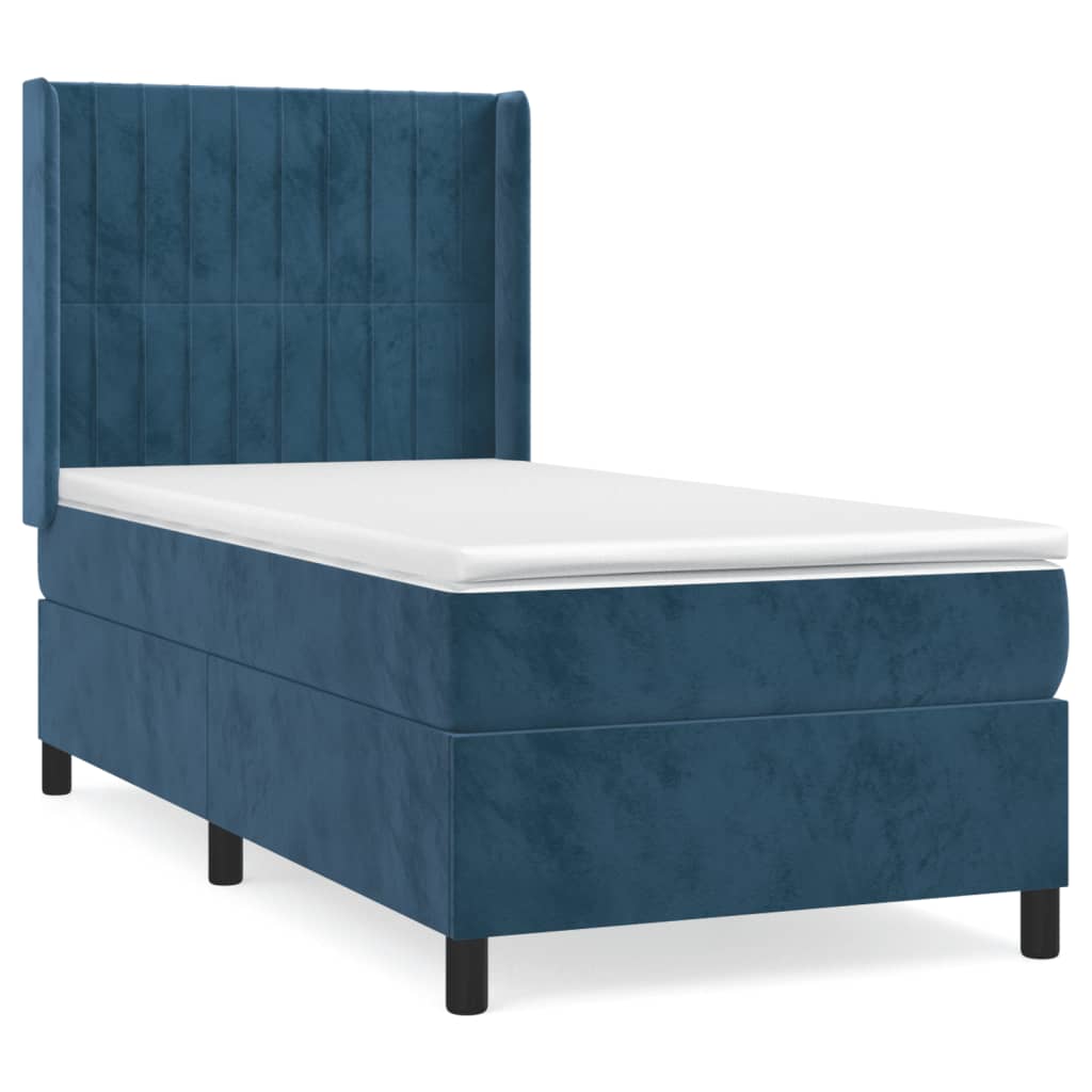 Cama box spring con colchón terciopelo azul oscuro 90x190 cm rayas verticales