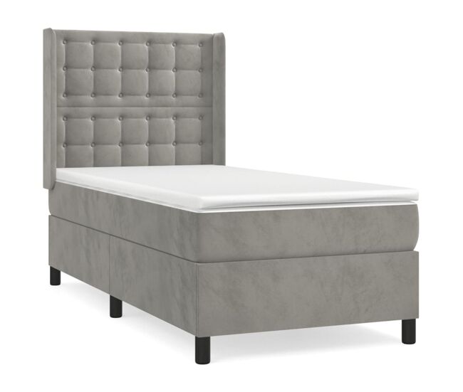 Cama box spring con colchón terciopelo gris claro 80x200 cm botones