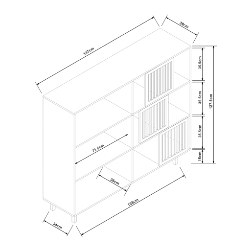 Estante Ypäjä com 3 portas de correr e 9 compartimentos 128 x 147 x 39 cm Bambu en.casa