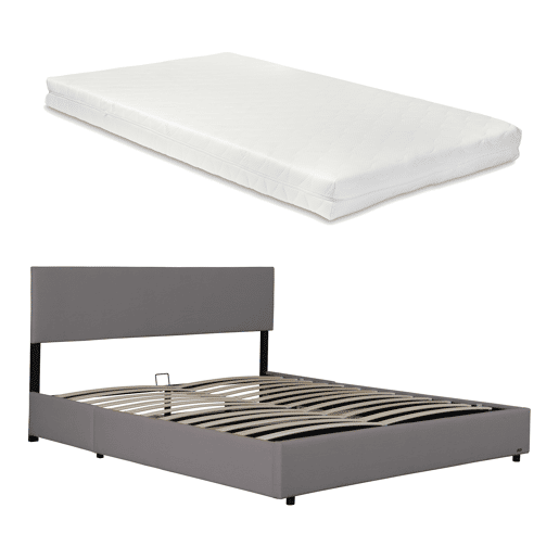 Cama estofada Juva cama de casal com colchão e estrado de ripas rebatíveis 140 x 200 cm - Cinzento Corium