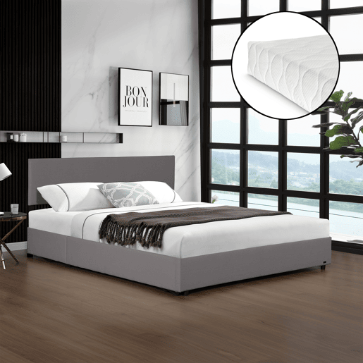 Cama estofada Juva cama de casal com colchão e estrado de ripas rebatível 180 x 200 cm - Cinzento Corium