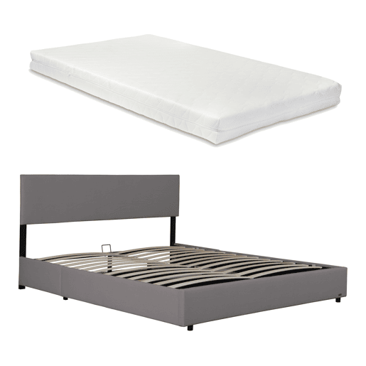 Cama estofada Juva cama de casal com colchão e estrado de ripas rebatíveis 160 x 200 cm - Cinzento Corium