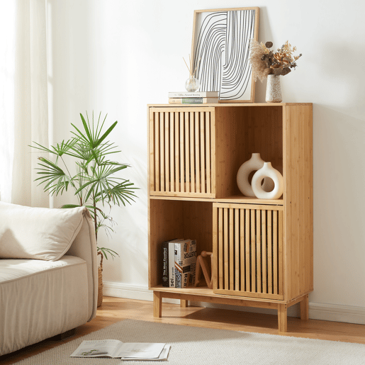 Estante Ypäjä com 2 portas de correr e 4 compartimentos 120 x 84 x 39 cm cm Bambu en.casa Estante Ypäjä com 2 portas de correr e 4 compartimentos 120 x 84 x 39 cm cm Bambu en.casa