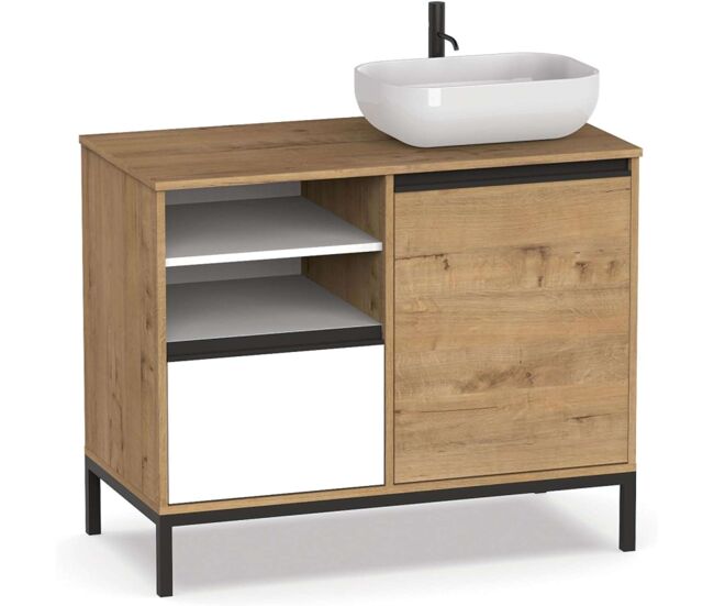 Pack muebles para baño támesis estilo industrial roble gold y blanco (mueble baño + columna + lavabo cerámico)