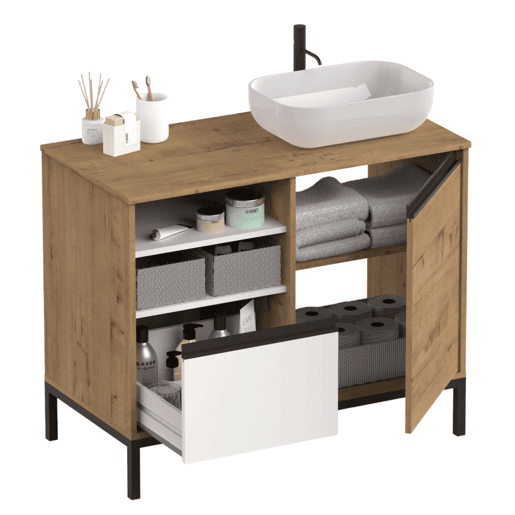 Pacote de móveis de banheiro Thames Modern em carvalho dourado e branco (com pia de cerâmica)