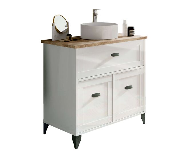 Mueble de baño pack siena con columna alta blanco soft y roble cambrian (lavabo incluido)