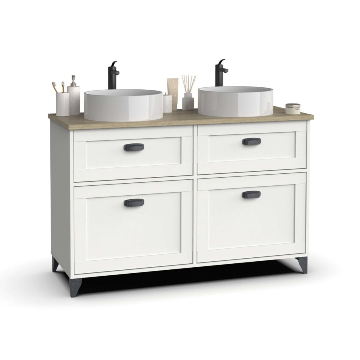 Conjunto de muebles de baño toscana en blanco soft y roble cambrian (mueble+lavamanos+columna)