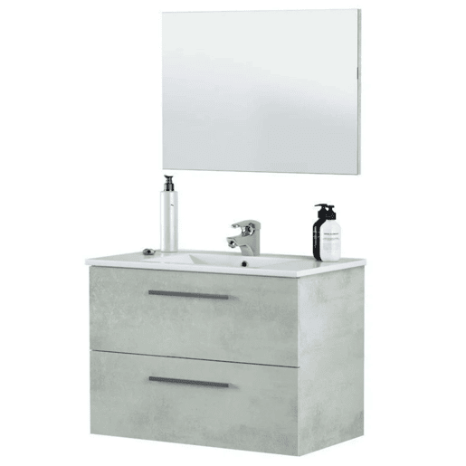 Conjunto de móveis de banheiro estilo industrial Aruba com armário de banheiro com pia, coluna e espelho, suspenso, na cor cimento