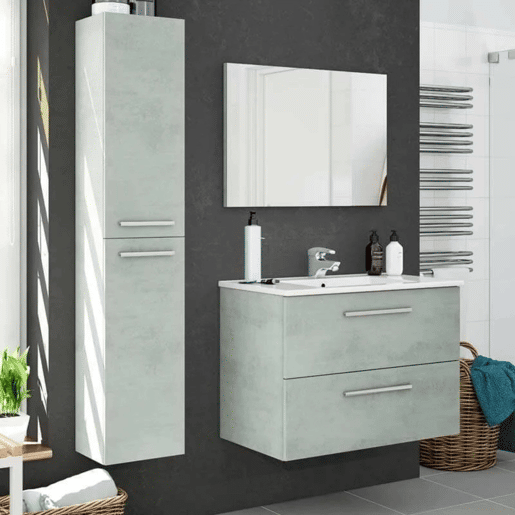 Conjunto de móveis de banheiro estilo industrial Aruba com armário de banheiro com pia, coluna e espelho, suspenso, na cor cimento
