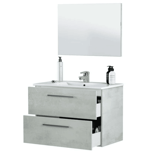 Conjunto de móveis de banheiro estilo industrial Aruba com armário de banheiro com pia, coluna e espelho, suspenso, na cor cimento