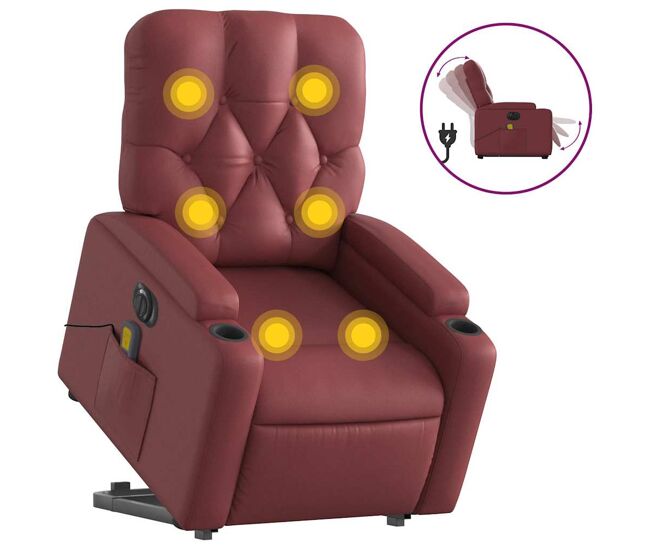 Vidaxl sillón de masaje elevable eléctrico cuero artificial rojo tinto