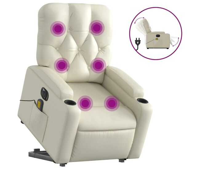 Vidaxl sillón de masaje elevable eléctrico cuero sintético crema