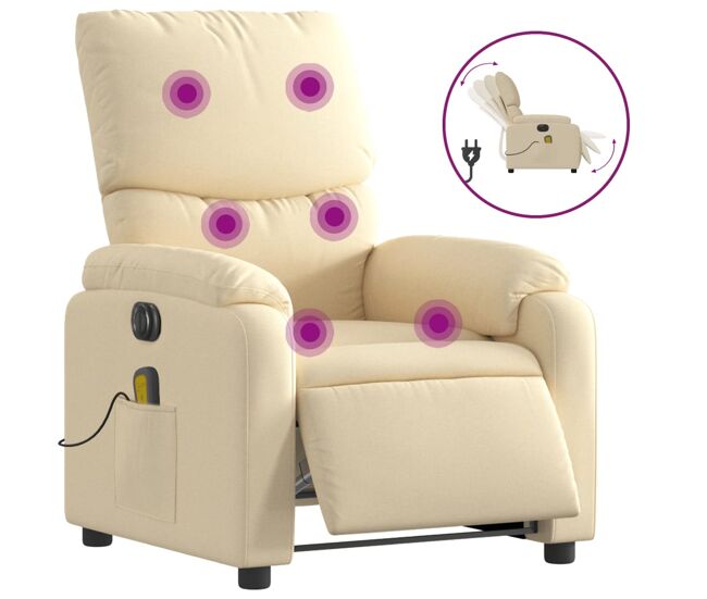 Vidaxl sillón reclinable de masaje eléctrico tela color crema