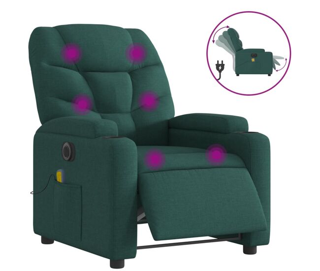 Vidaxl sillón reclinable de masaje eléctrico tela verde oscuro