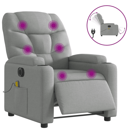 vidaXL Poltrona de massagens reclinável elétrica tecido cinzento-claro vidaXL Poltrona de massagens reclinável elétrica tecido cinzento-claro