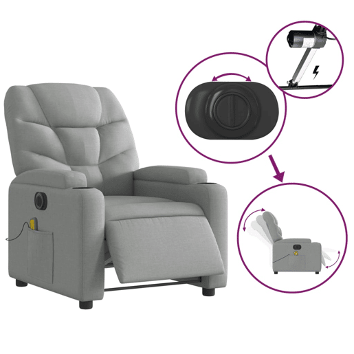 vidaXL Poltrona de massagens reclinável elétrica tecido cinzento-claro vidaXL Poltrona de massagens reclinável elétrica tecido cinzento-claro