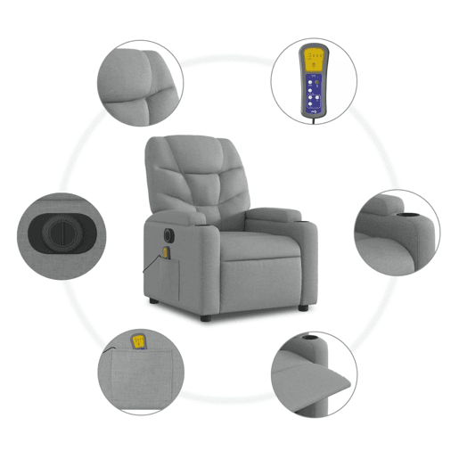 vidaXL Poltrona de massagens reclinável elétrica tecido cinzento-claro vidaXL Poltrona de massagens reclinável elétrica tecido cinzento-claro