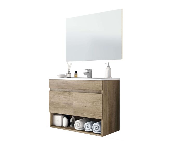 Pack de muebles de baño en color roble nordik formado por mueble de baño, espejo y lavabo cerámico (tamaño de la columna opcional)