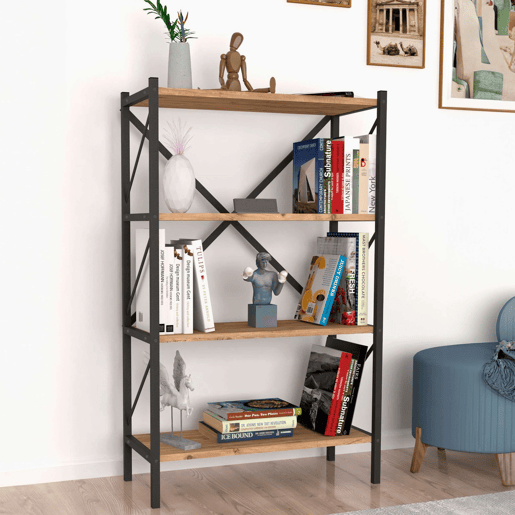 Estante para sala de estar Rus com 4 prateleiras, preto e carvalho Safir, 66x121x34 cm Estante para sala de estar Rus com 4 prateleiras, preto e carvalho Safir, 66x121x34 cm