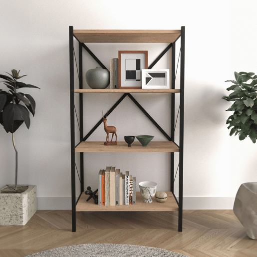 Estante para sala de estar Rus com 4 prateleiras, preto e carvalho Safir, 66x121x34 cm Estante para sala de estar Rus com 4 prateleiras, preto e carvalho Safir, 66x121x34 cm