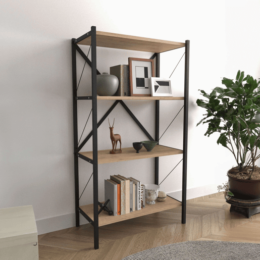 Estante para sala de estar Rus com 4 prateleiras, preto e carvalho Safir, 66x121x34 cm Estante para sala de estar Rus com 4 prateleiras, preto e carvalho Safir, 66x121x34 cm