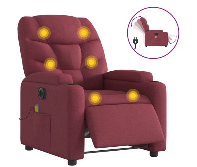Vidaxl sillón de masaje reclinable eléctrico tela rojo tinto