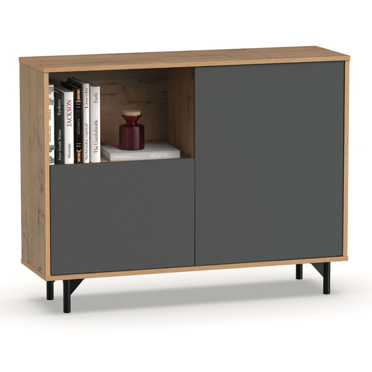 Aparador salón comedor anori con patas color roble gold y gris 112 cm