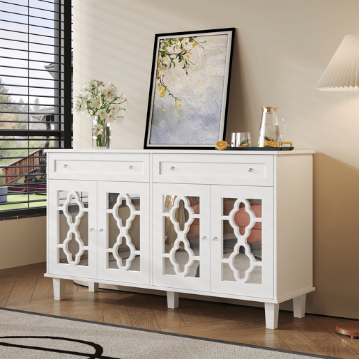 Aparador baixo - 2 portas de vidro com 2 gavetas e prateleiras reguláveis - Branco