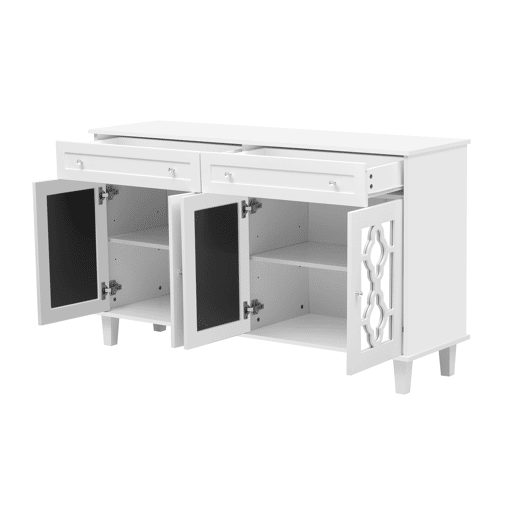 Aparador baixo - 2 portas de vidro com 2 gavetas e prateleiras reguláveis - Branco