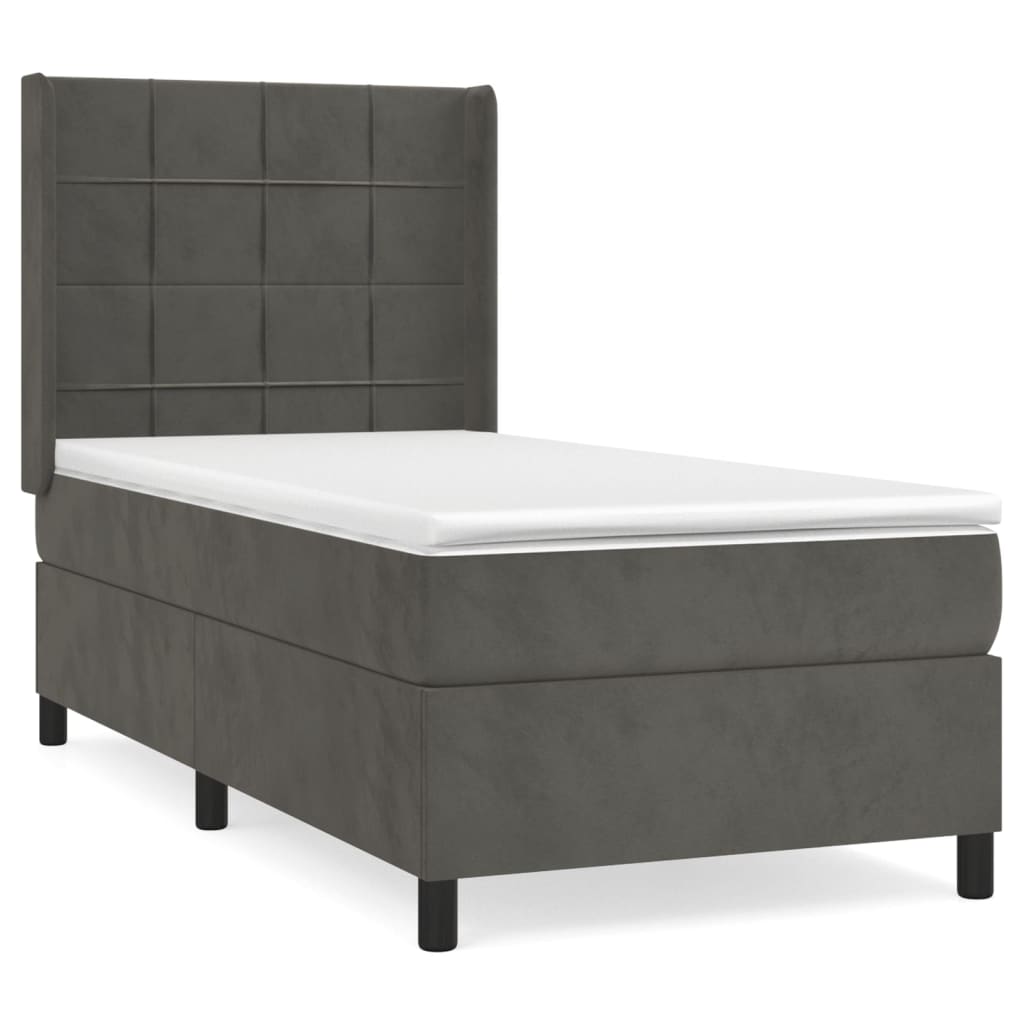 Cama box spring con colchón terciopelo gris oscuro 80x200 cm bloques con cuadros