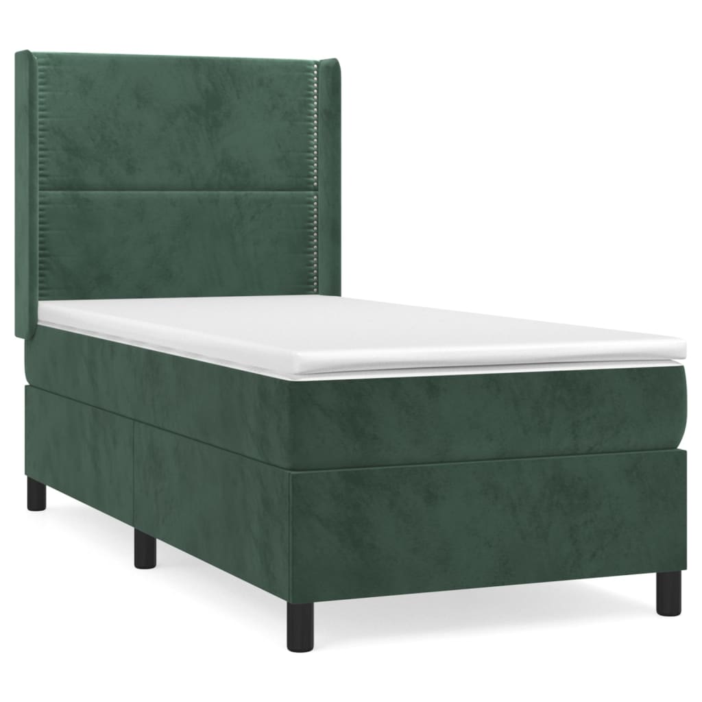 Cama box spring con colchón terciopelo verde oscuro 100x200 cm liso con clavos