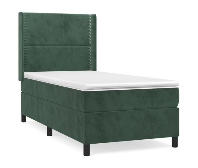 Cama box spring con colchón terciopelo verde oscuro 100x200 cm liso con clavos