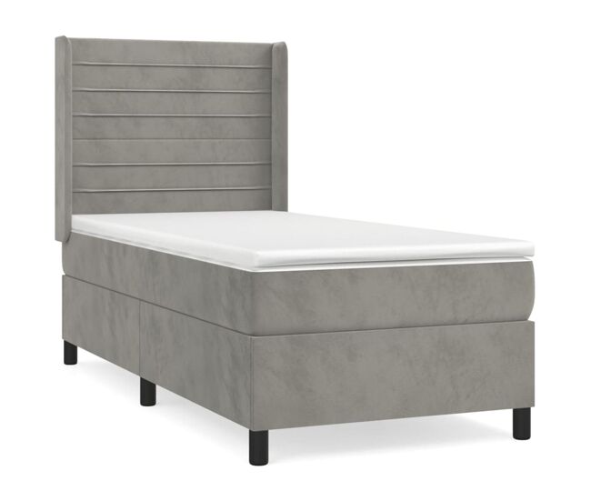 Cama box spring con colchón terciopelo gris claro 90x190 cm rayas horizontales