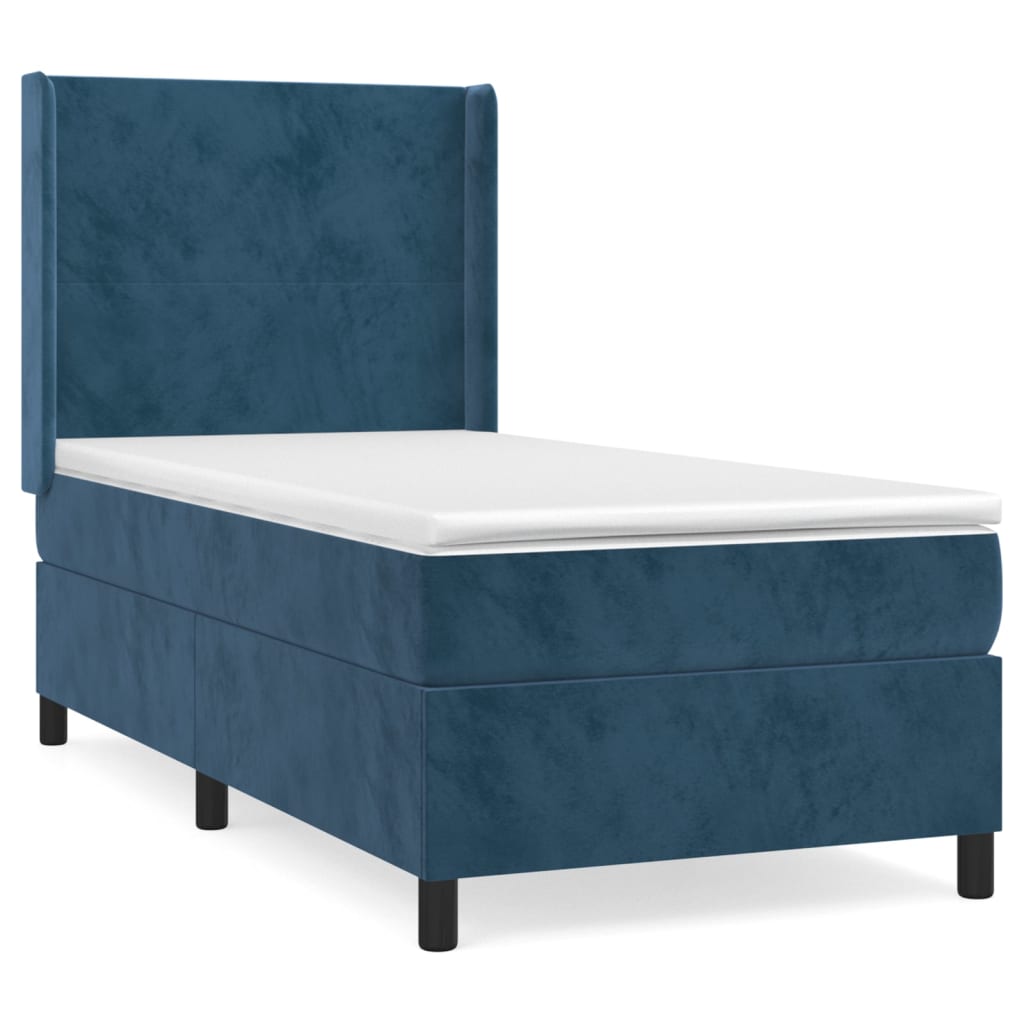 Cama box spring con colchón terciopelo azul oscuro 80x200 cm diseño plano