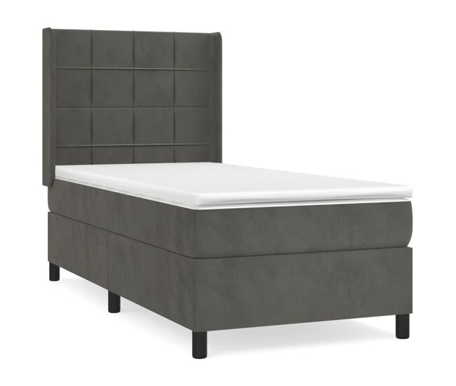 Cama box spring con colchón terciopelo gris oscuro 90x200 cm bloques con cuadros